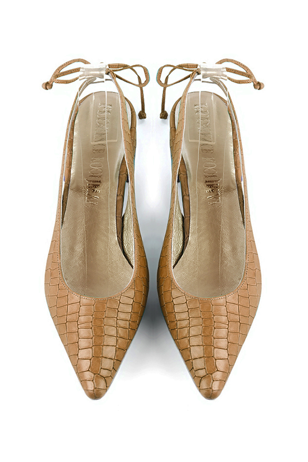 Dress slingback heels in camel beige leather with flat flare heels and pointed toe - Top view